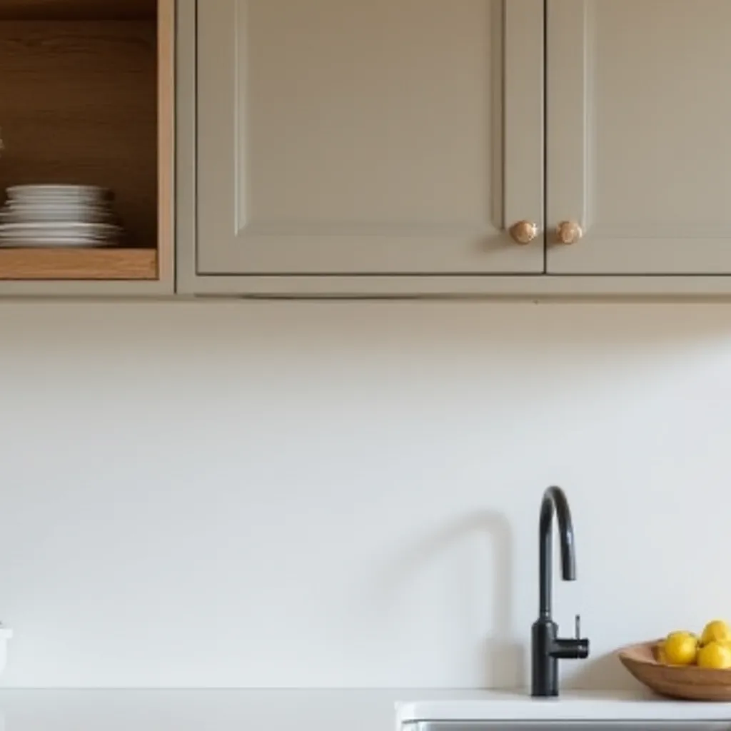 מטבח בצבע סהרה עם שיש לבן – מדפי עץ פתוחים מעל המשטח