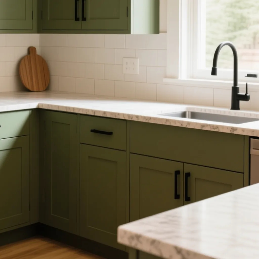 מטבח ירוק זית עם מדפי עץ