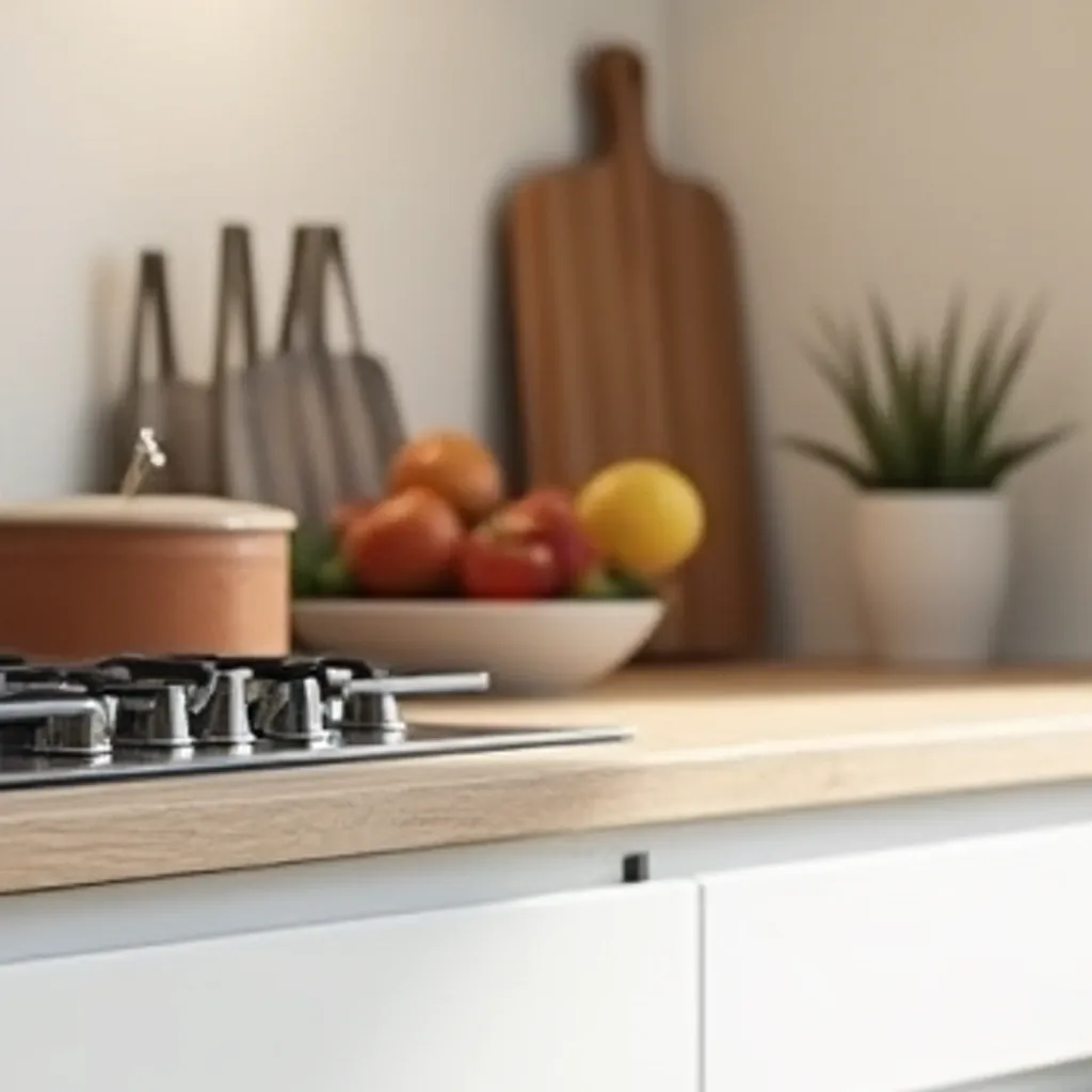 מטבח מודרני לבן בשילוב עץ – משטח עץ על גוף לבן