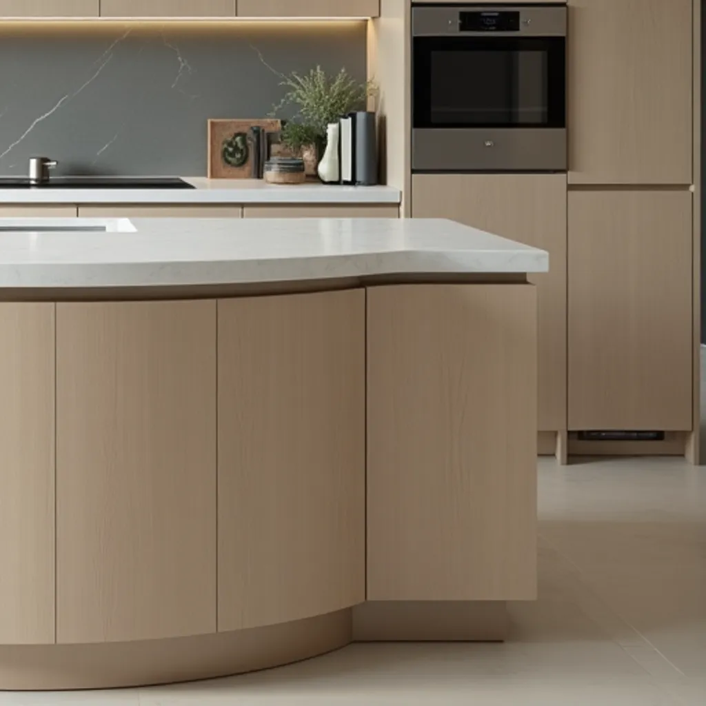 מטבח מעץ בהיר – אי עץ עם משטח אבן לבנה