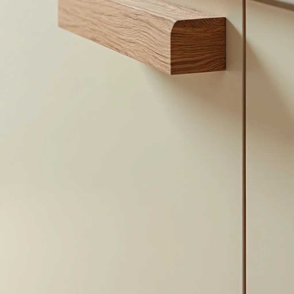 מטבח עם ידיות רוכבות – פרופיל בגוון עץ על חזיתות שמנת