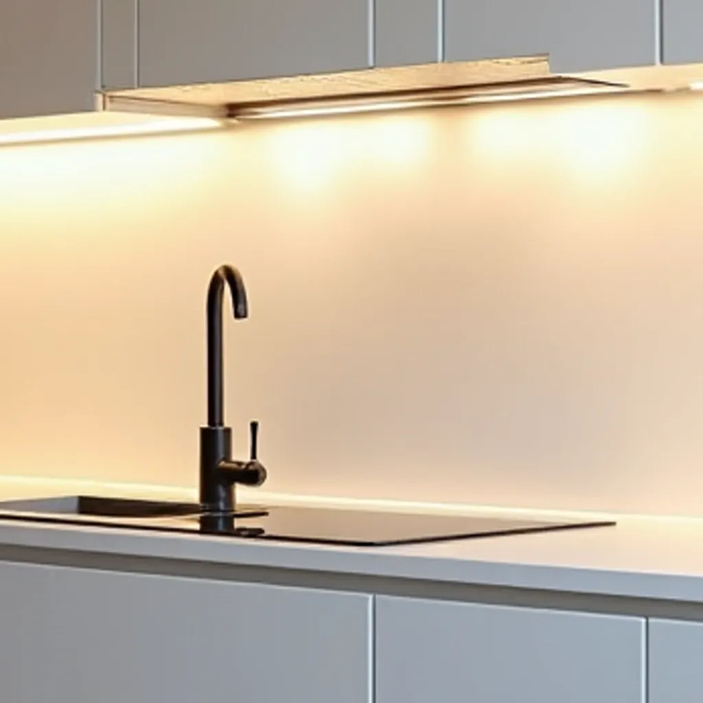 מטבח פורמייקה לבן – תאורת LED נסתרת מתחת לעליונים