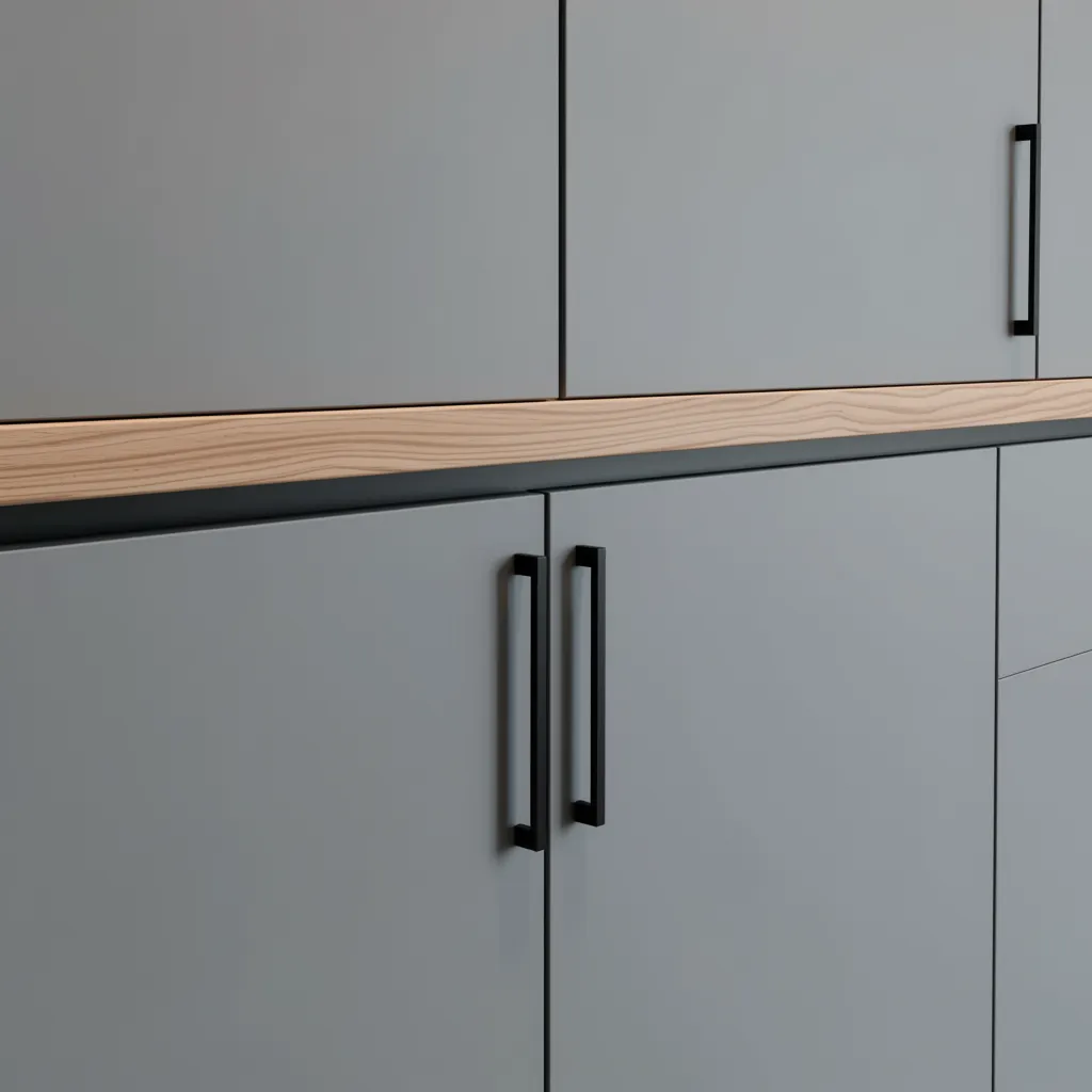 מטבח קטן מודרני בשילוב עץ אלון ואפור מט עם אי בר צר