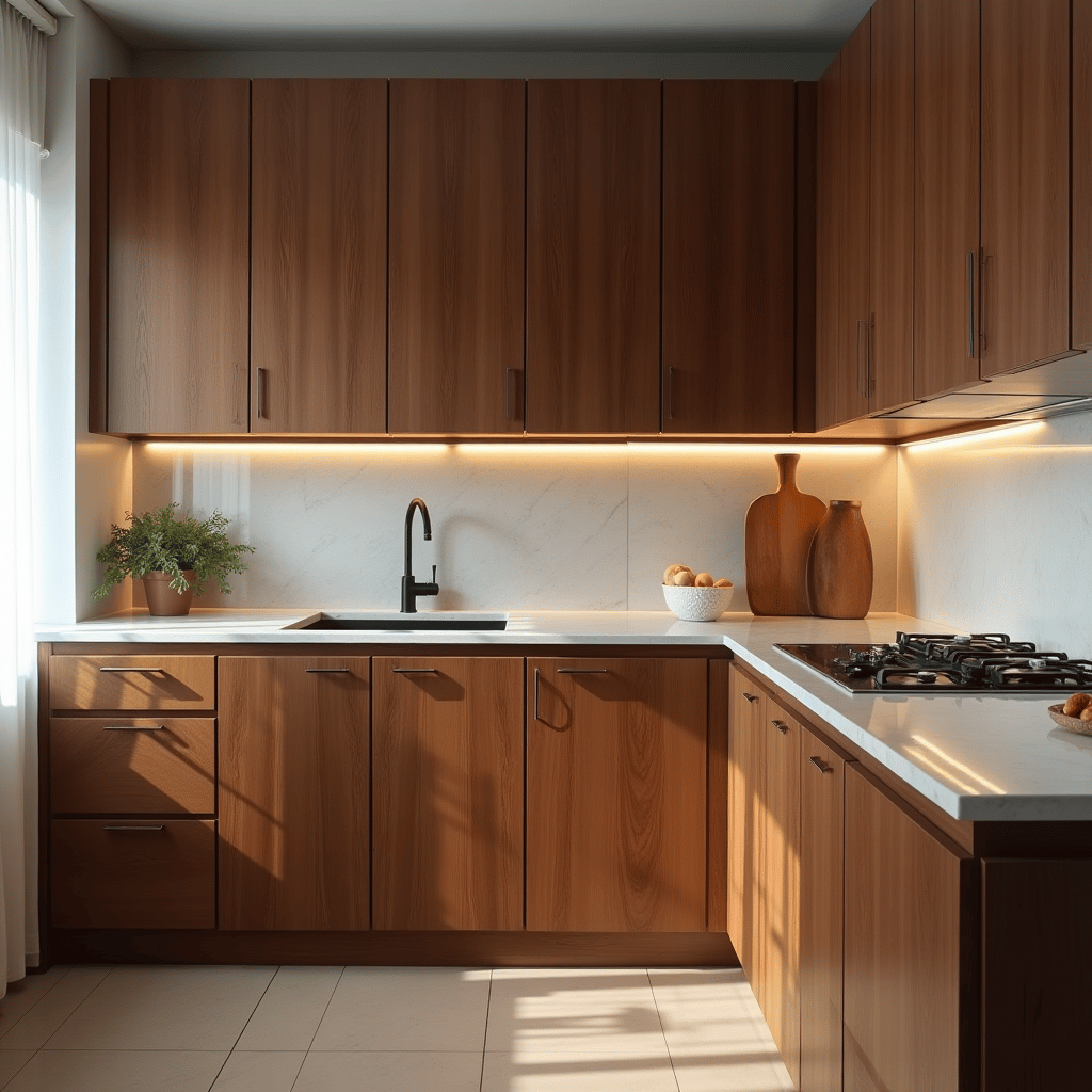 מטבח אגוז אמריקאי פינתי – ידיות שקועות בקצה החזית
