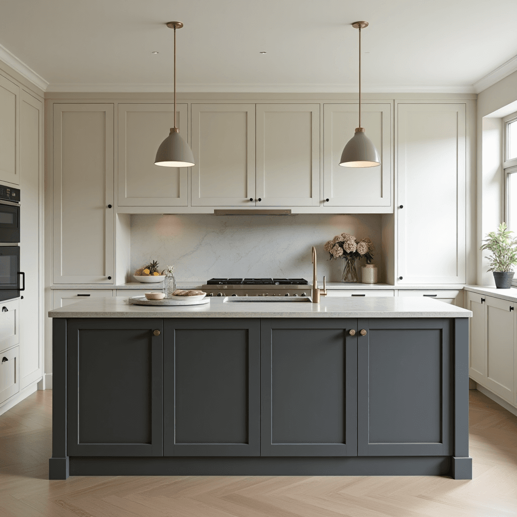 מטבח בצבע לבן שבור – אי בגוון כהה לניגוד