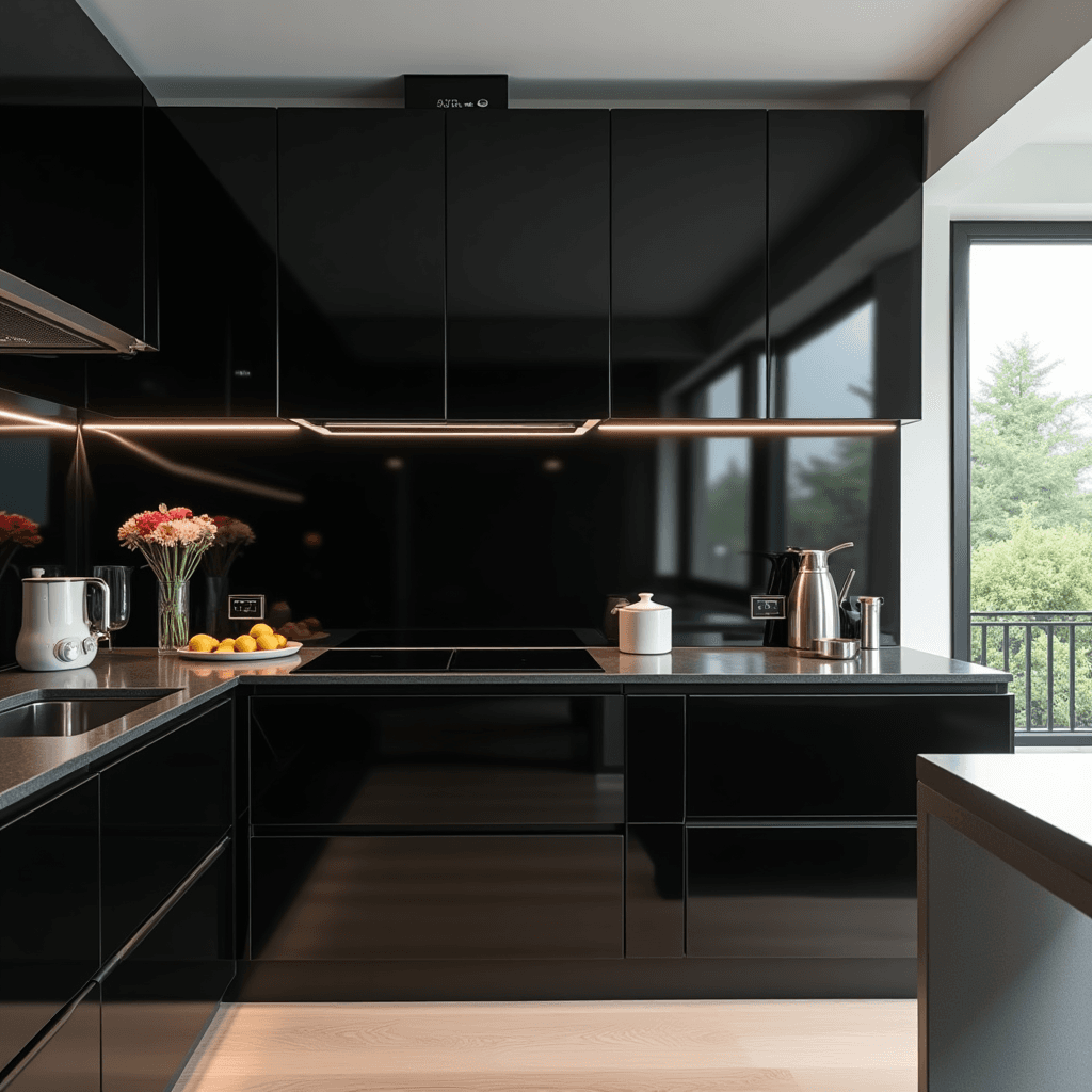 מטבח בצבע שחור מבריק – גב זכוכית שחורה רציף