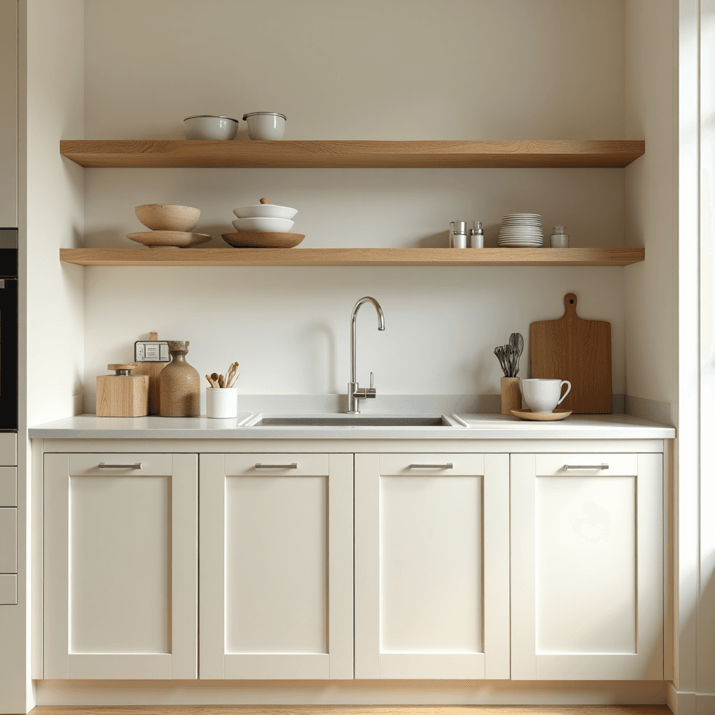 מטבח בצבע שמנת – שילוב אלון במדפים פתוחים