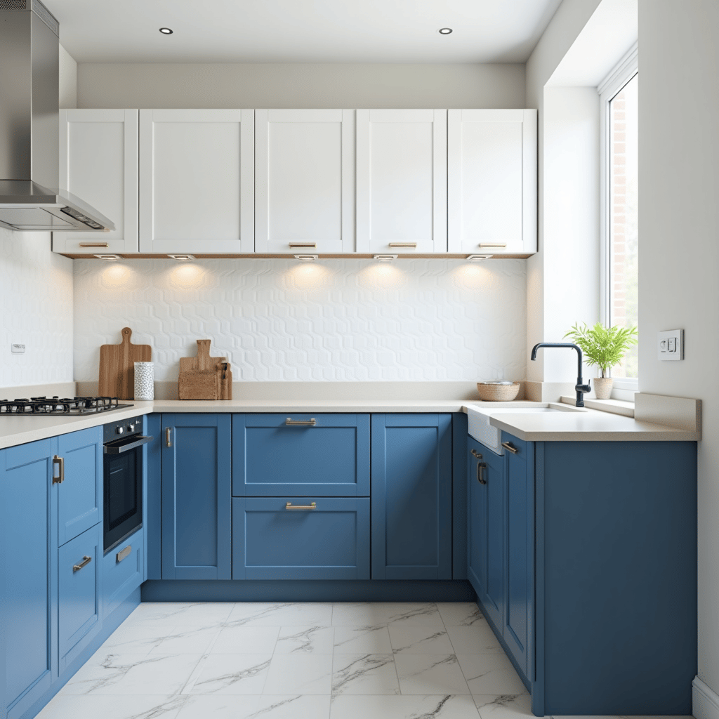 מטבח דו-גוני כחול ולבן – חלוקה אופקית בין הגוונים