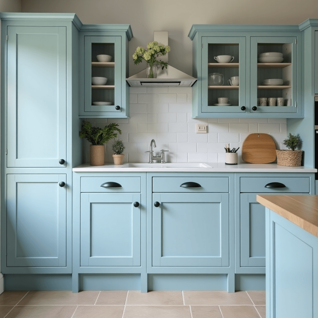 מטבח כפרי בצבע תכלת – מסגרת רדודה ופרזול שחור