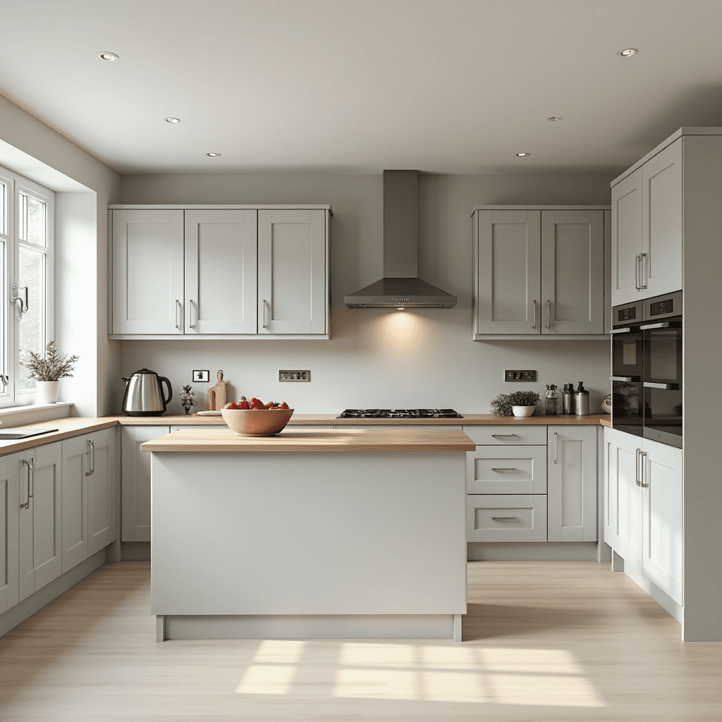 מטבח מודרני בצבע אפור בהיר – משטח עץ שמחמם