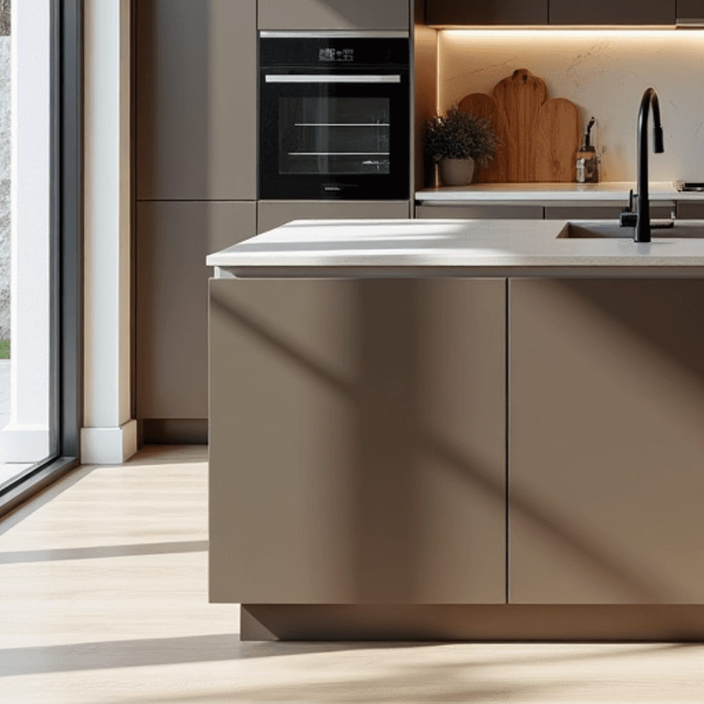 מטבח מודרני בצבע מוקה – ארונות עד התקרה