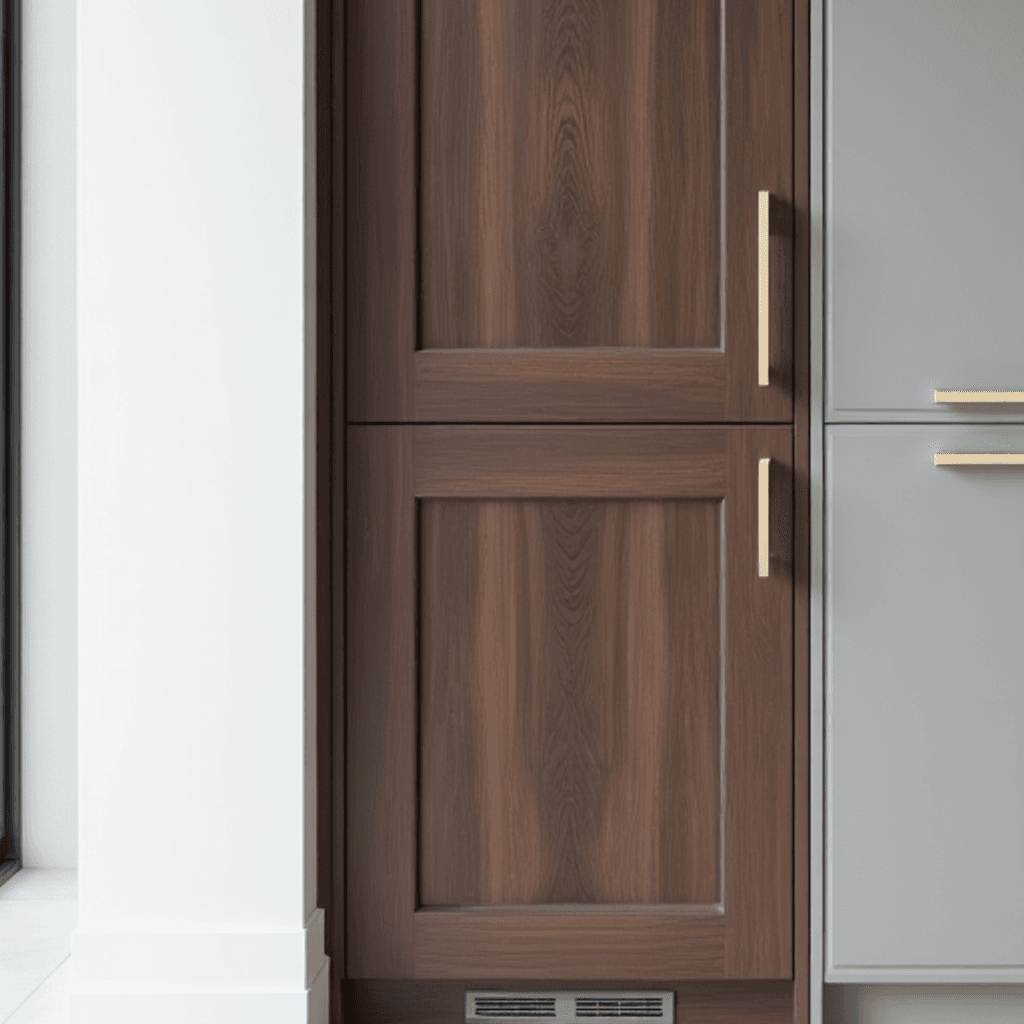 מטבח מודרני בשילוב עץ – ארון גבוה באגוז וידיות שקועות