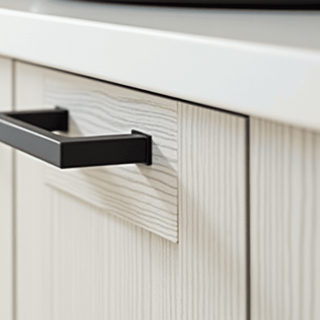 מטבח מעץ אלון מולבן – פרזול שחור מט לניגוד