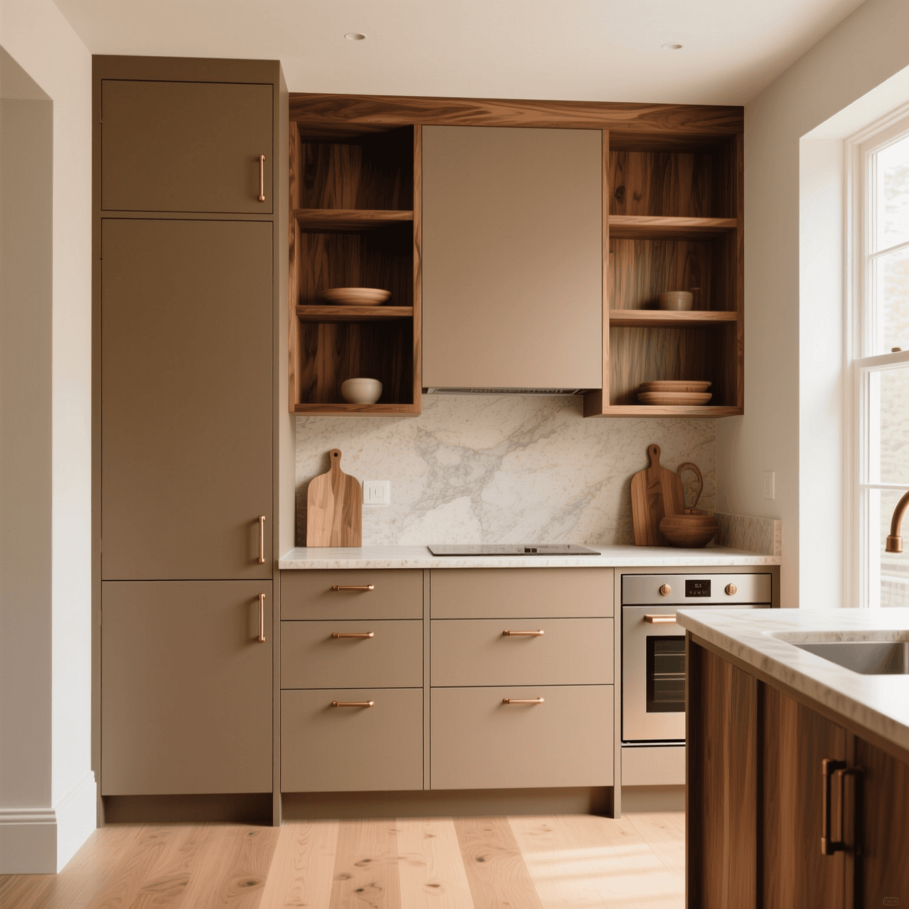 מטבח קטן בגוון קפוצ'ינו חמים בשילוב עץ אגוז